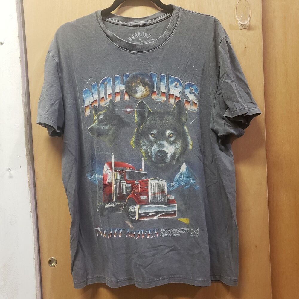 NoHours "Night Moves" Gray t-shirt striking graphic of wolves & red semi-truck L